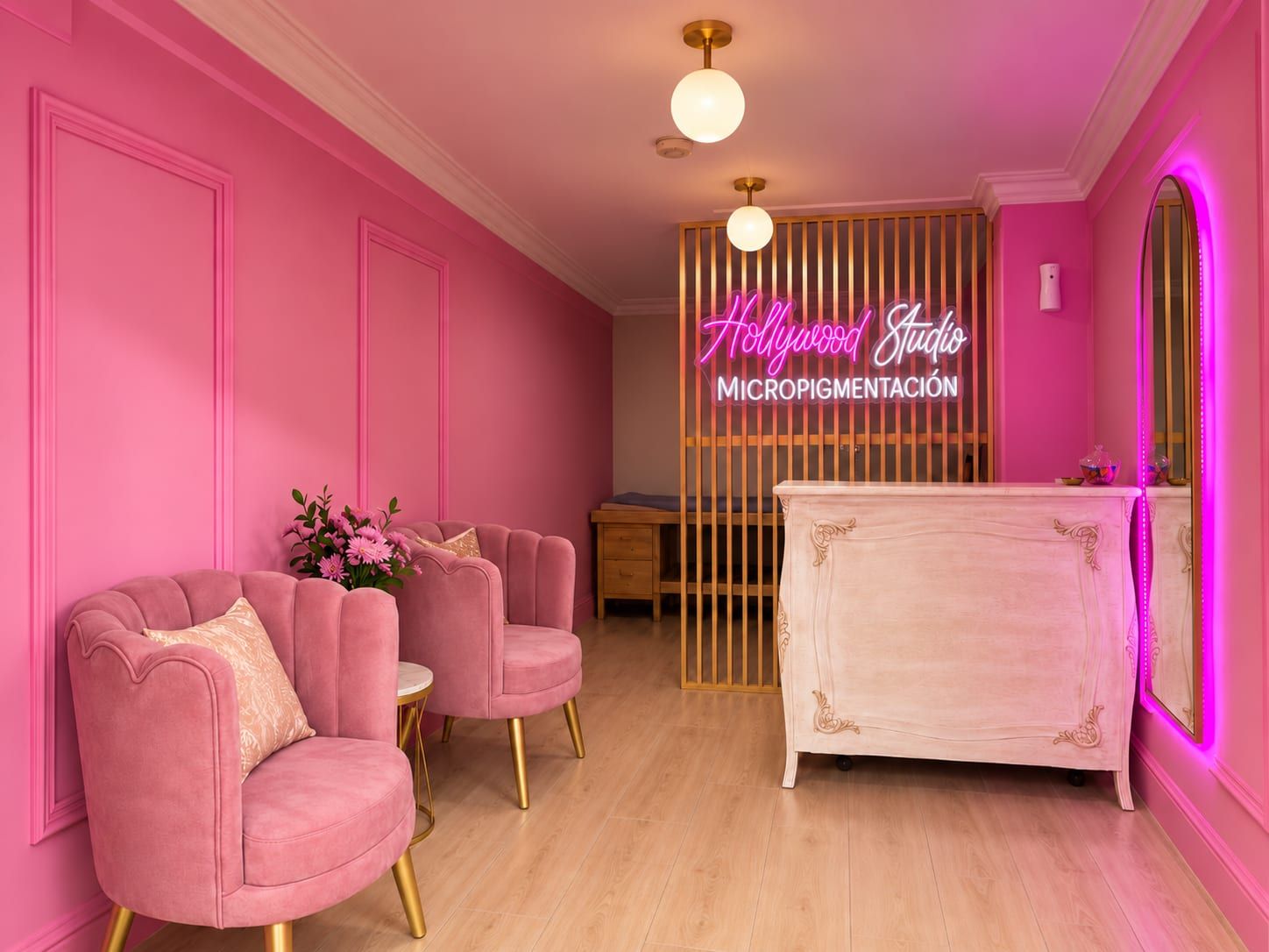 Recepción rosa con aviso de neón, listones de madera y sillones de terciopelo