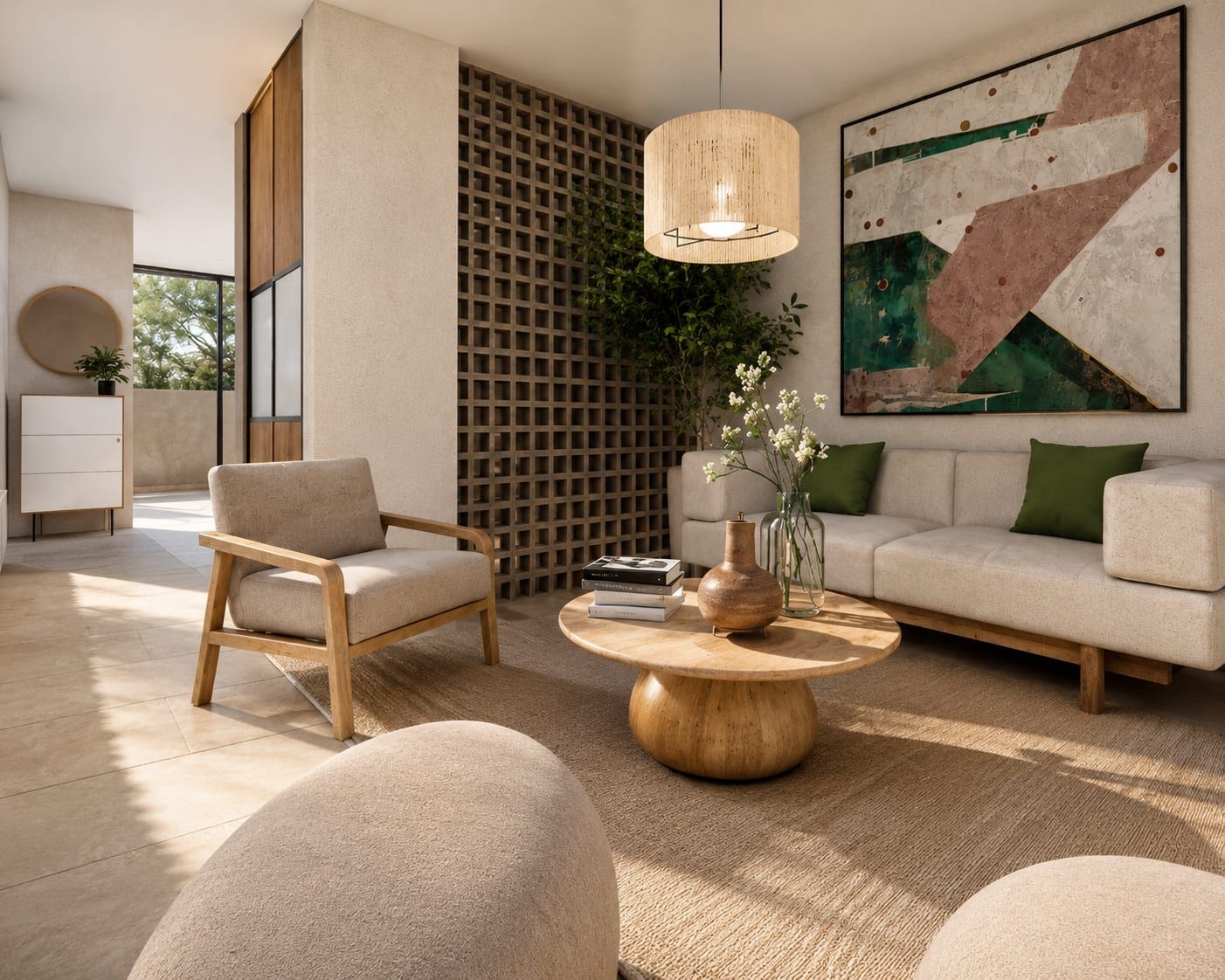 Sala con celosía de concreto, muebles de madera y paleta de tonos tierra