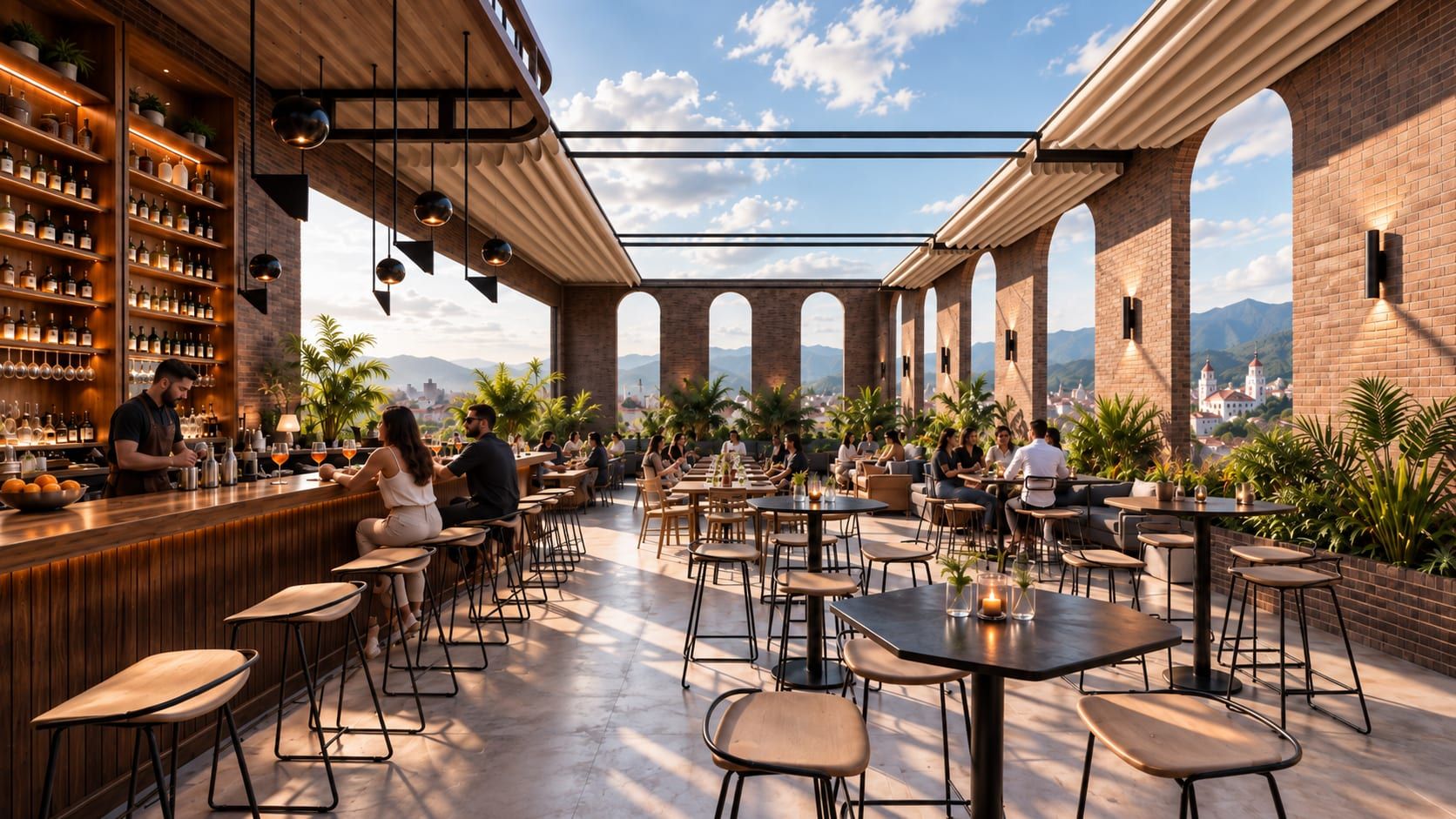 Rooftop con bar y terraza bajo arcos de ladrillo, con vistas a la montaña