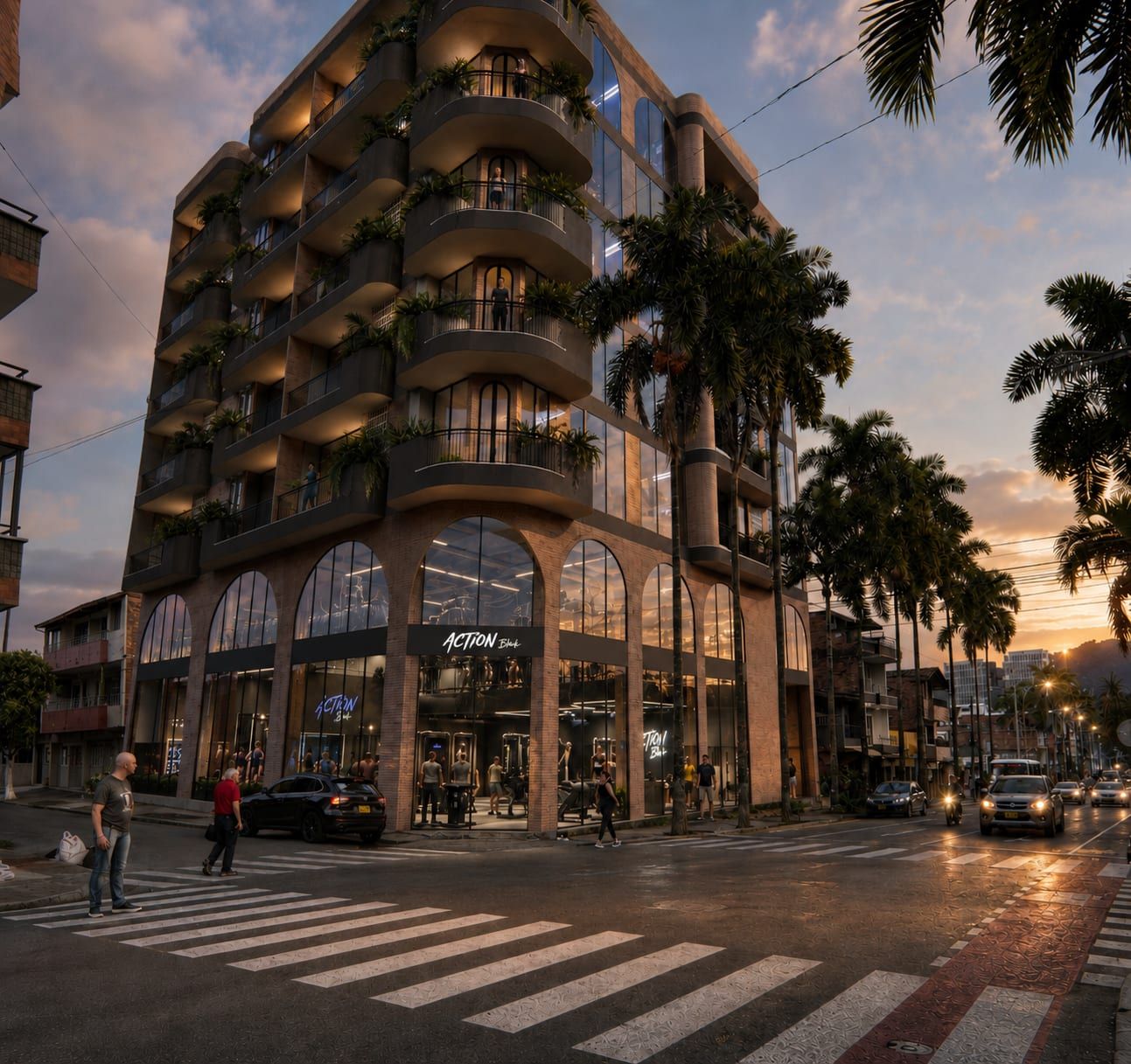 Edificio residencial de balcones curvos y base en arcos, en una esquina urbana al atardecer