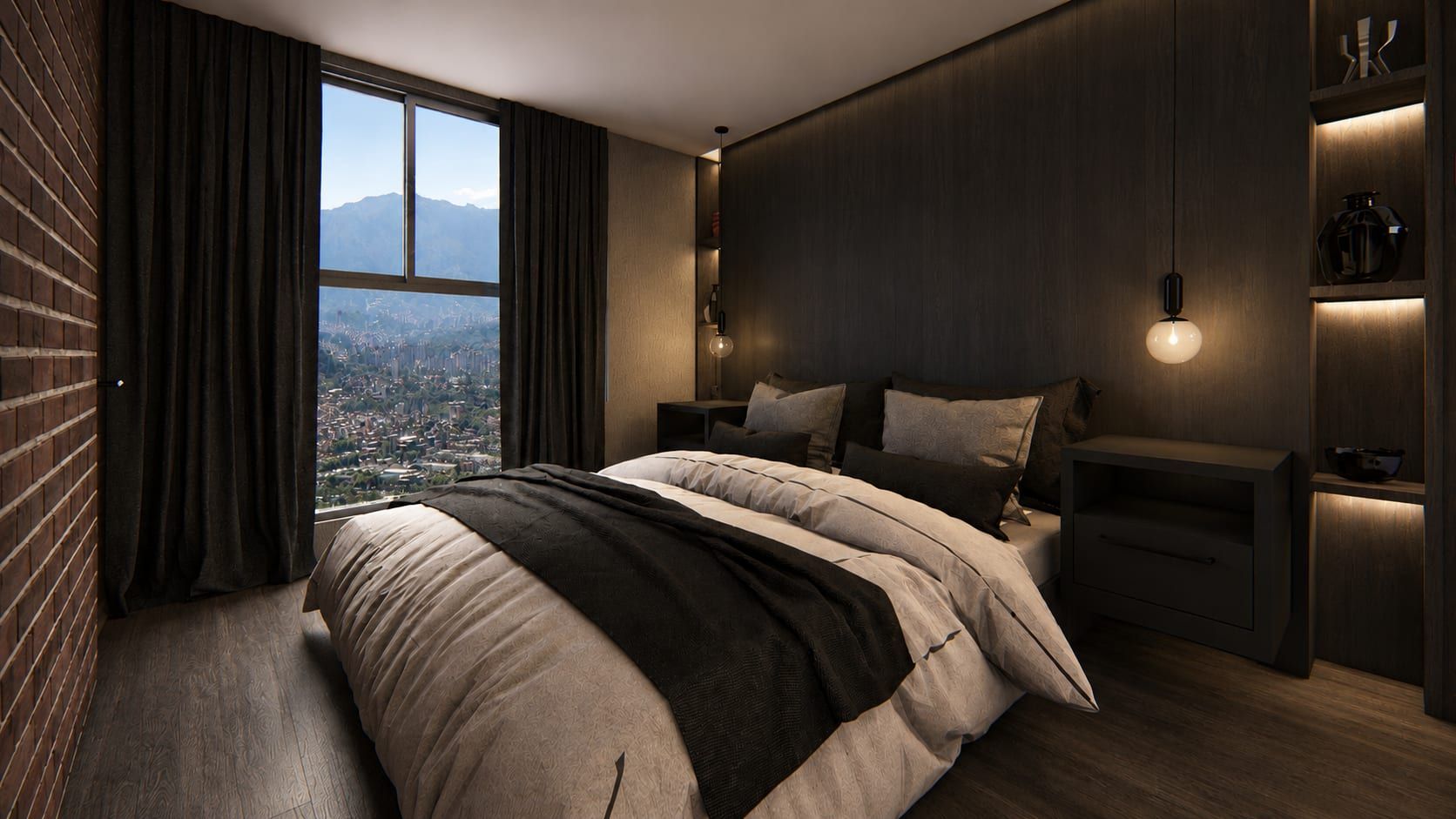 Habitación de tonos oscuros con muro de ladrillo, iluminación cálida y vista a la montaña