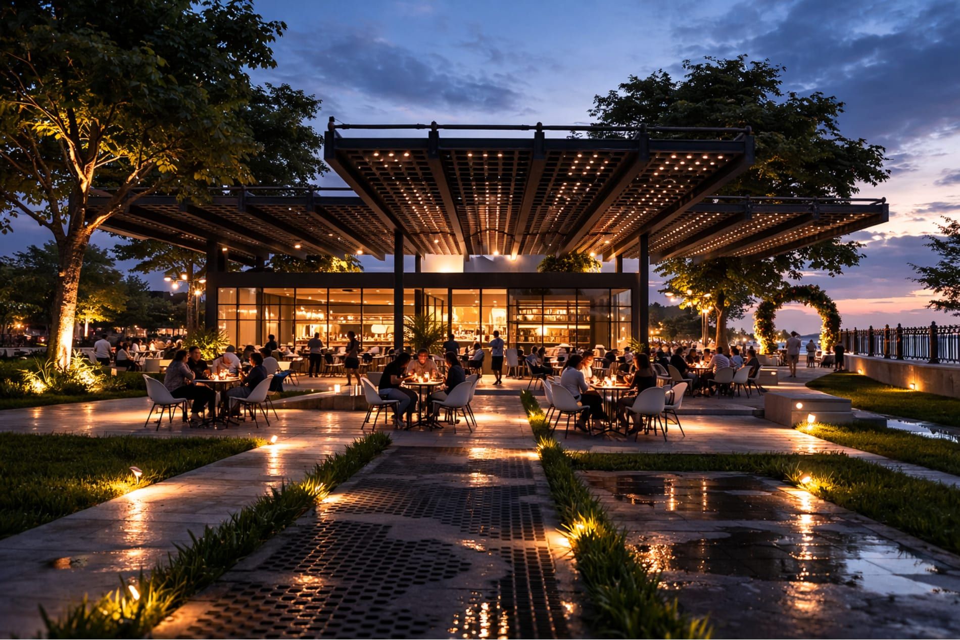Pérgola y plazoleta con vegetación, iluminadas al anochecer