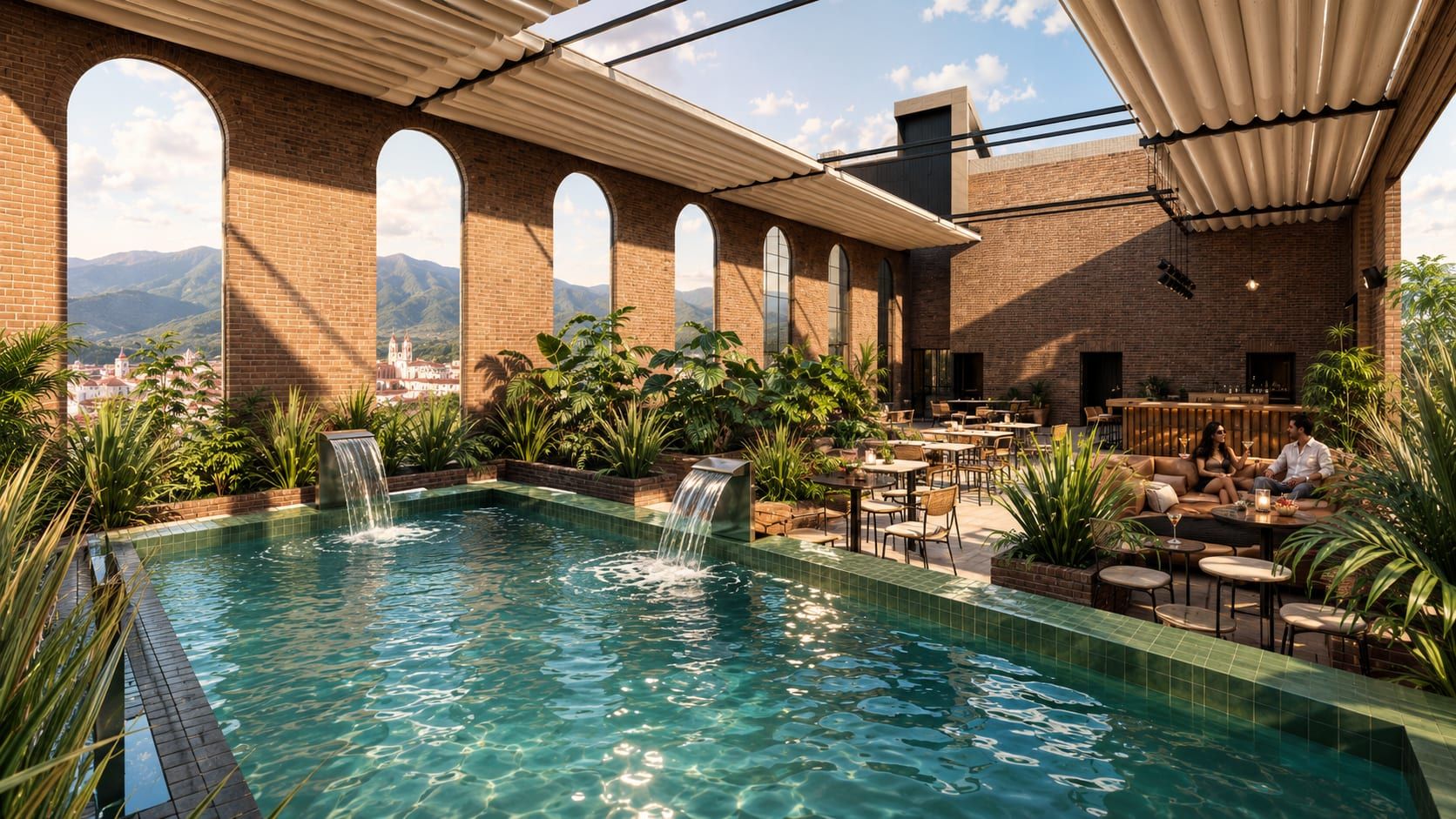 Piscina del rooftop con cascada y arcos de ladrillo