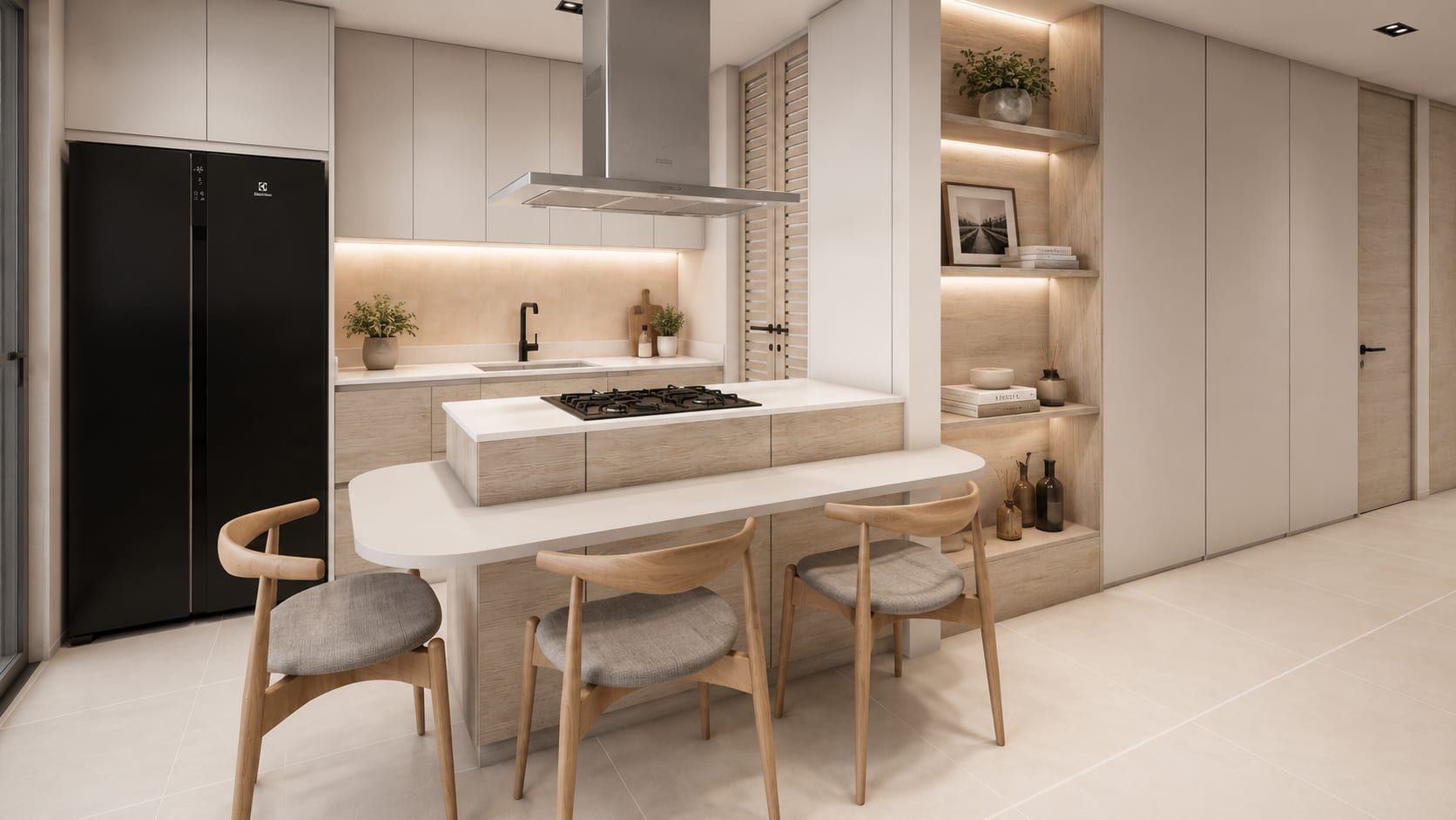 Cocina con isla, campana y sillas de madera