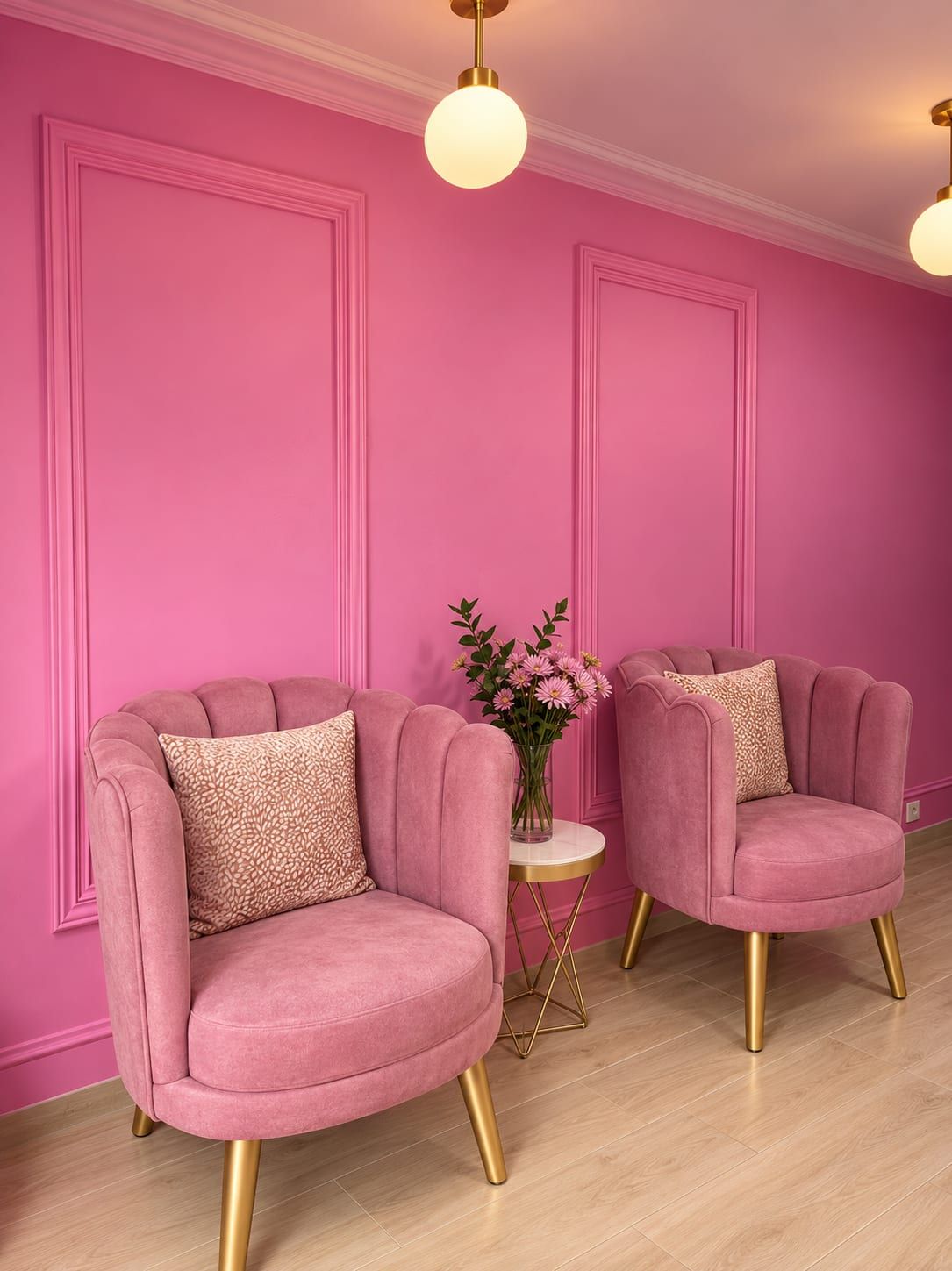 Dos sillones de terciopelo rosa con florero, bajo lámparas esféricas