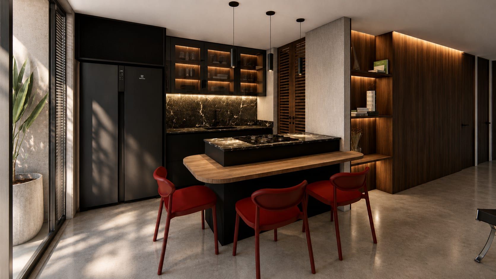 Cocina negra con isla de madera y sillas rojas