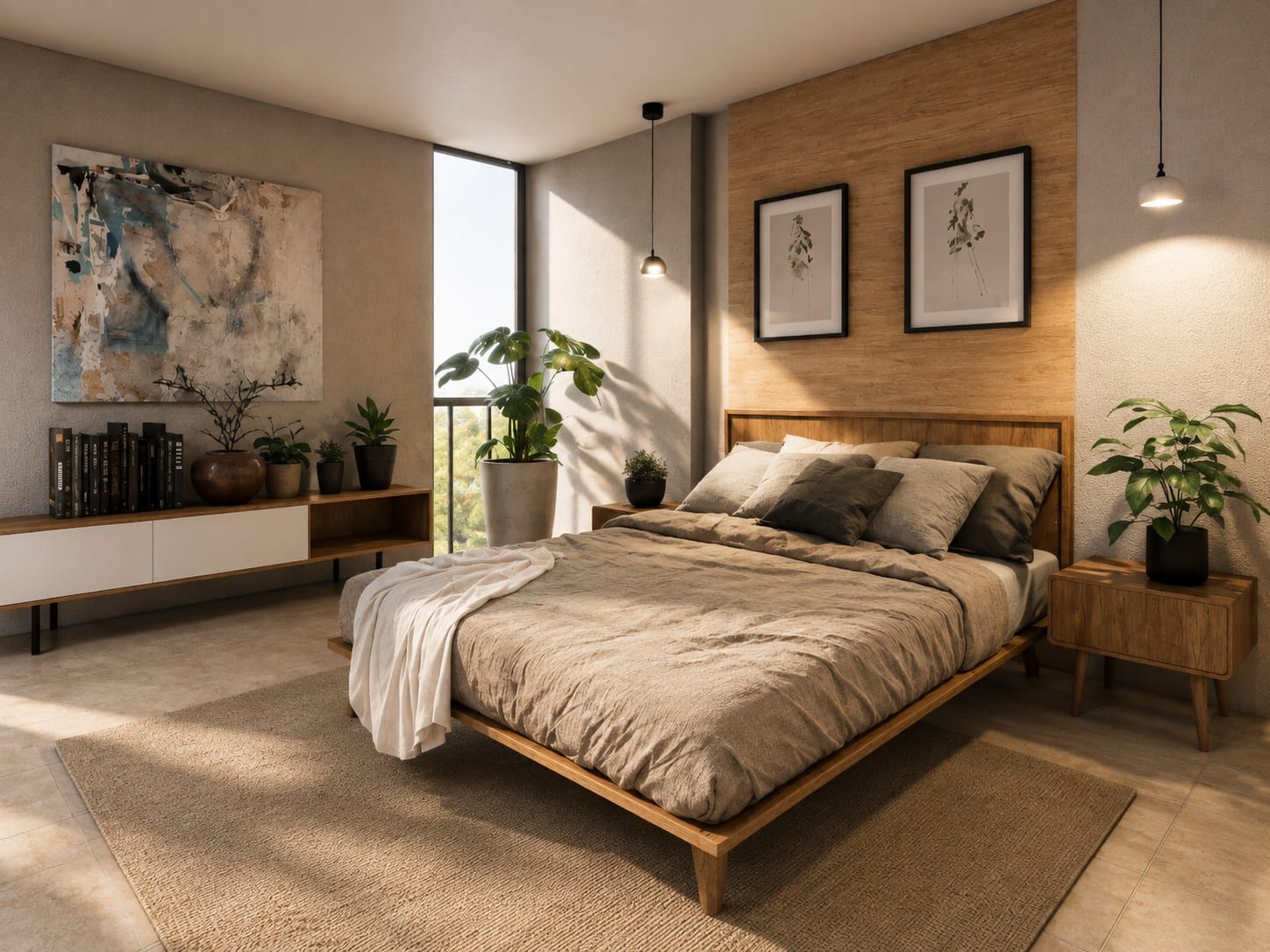 Alcoba con cabecero de madera, cuadros y ventana con vista a la vegetación