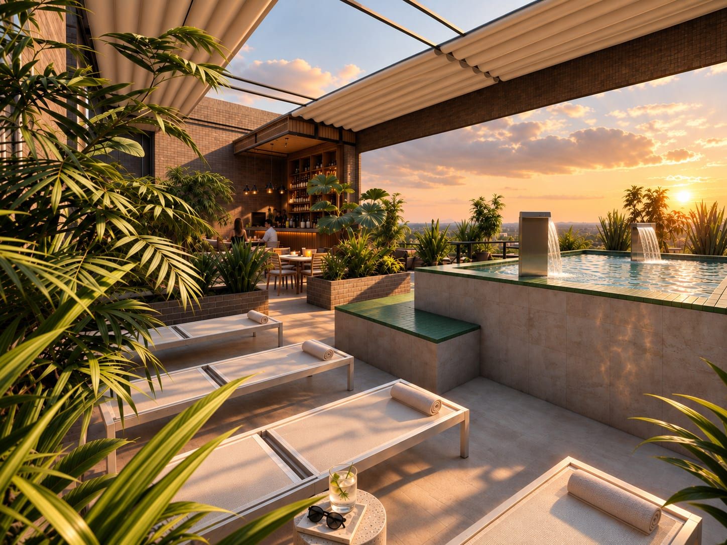 Terraza con camastros y borde de piscina al atardecer