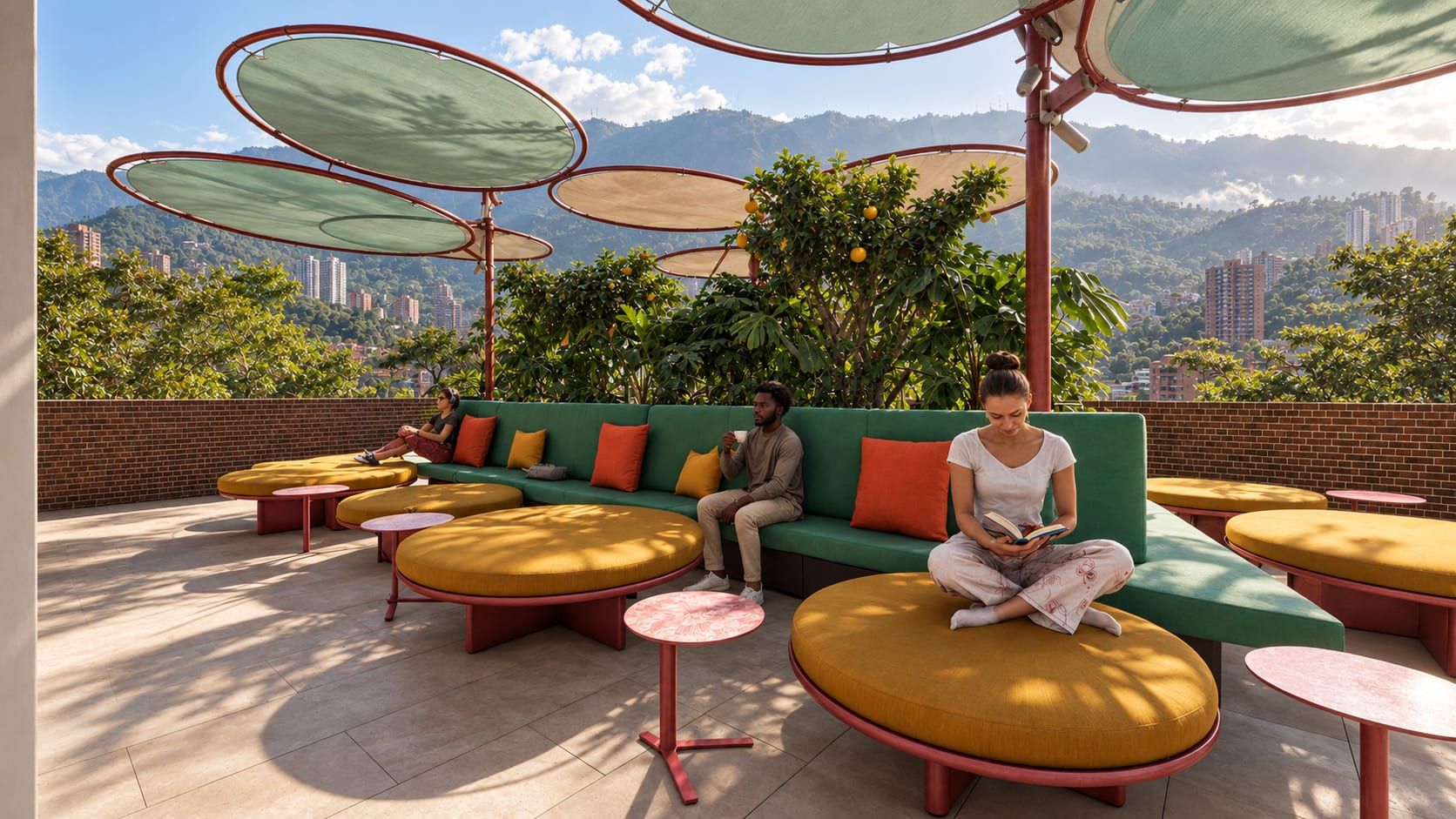 Terraza con sillones circulares amarillos y verdes, y cubiertas en forma de hoja