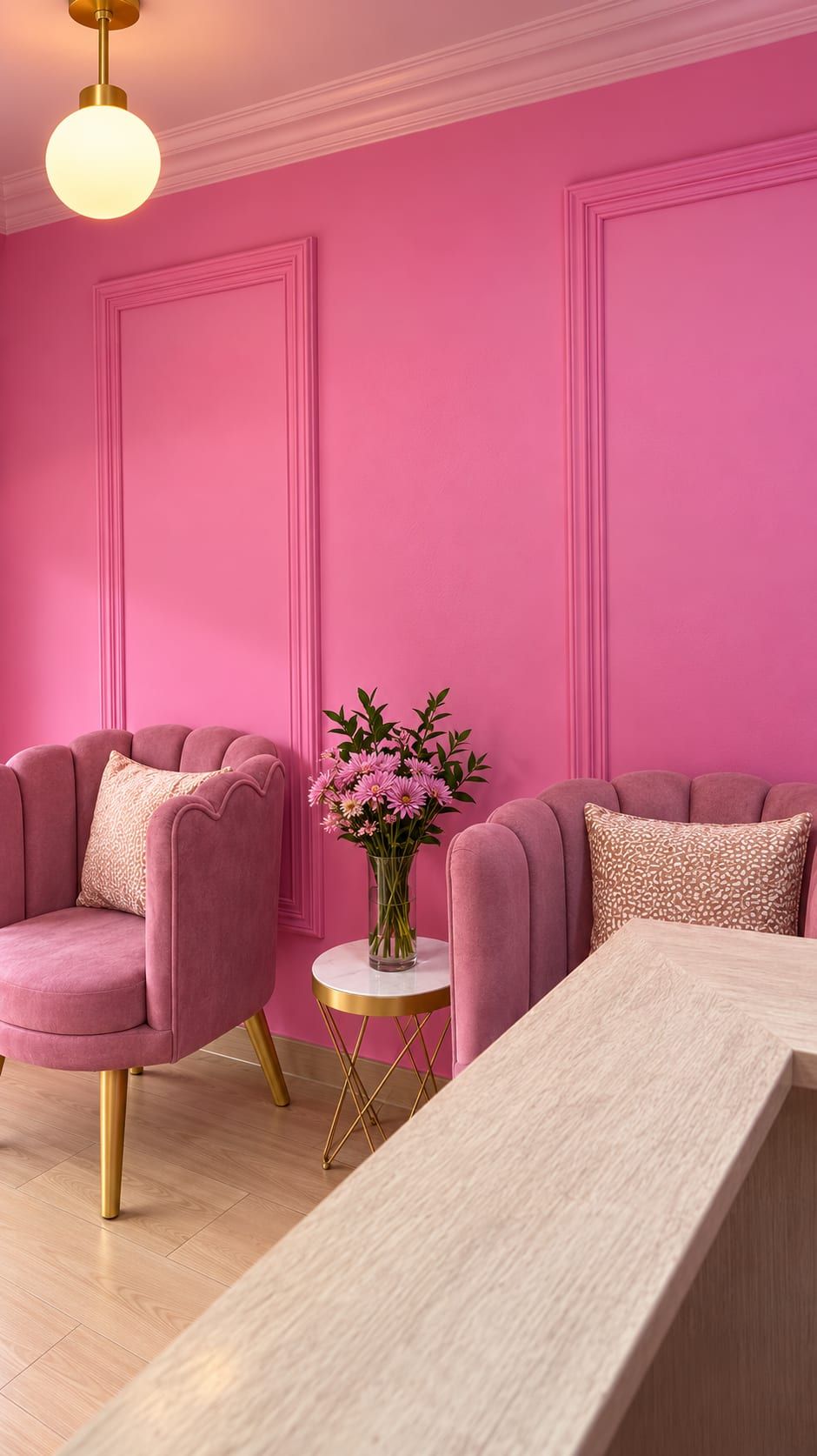 Sillones rosados junto al mostrador de recepción