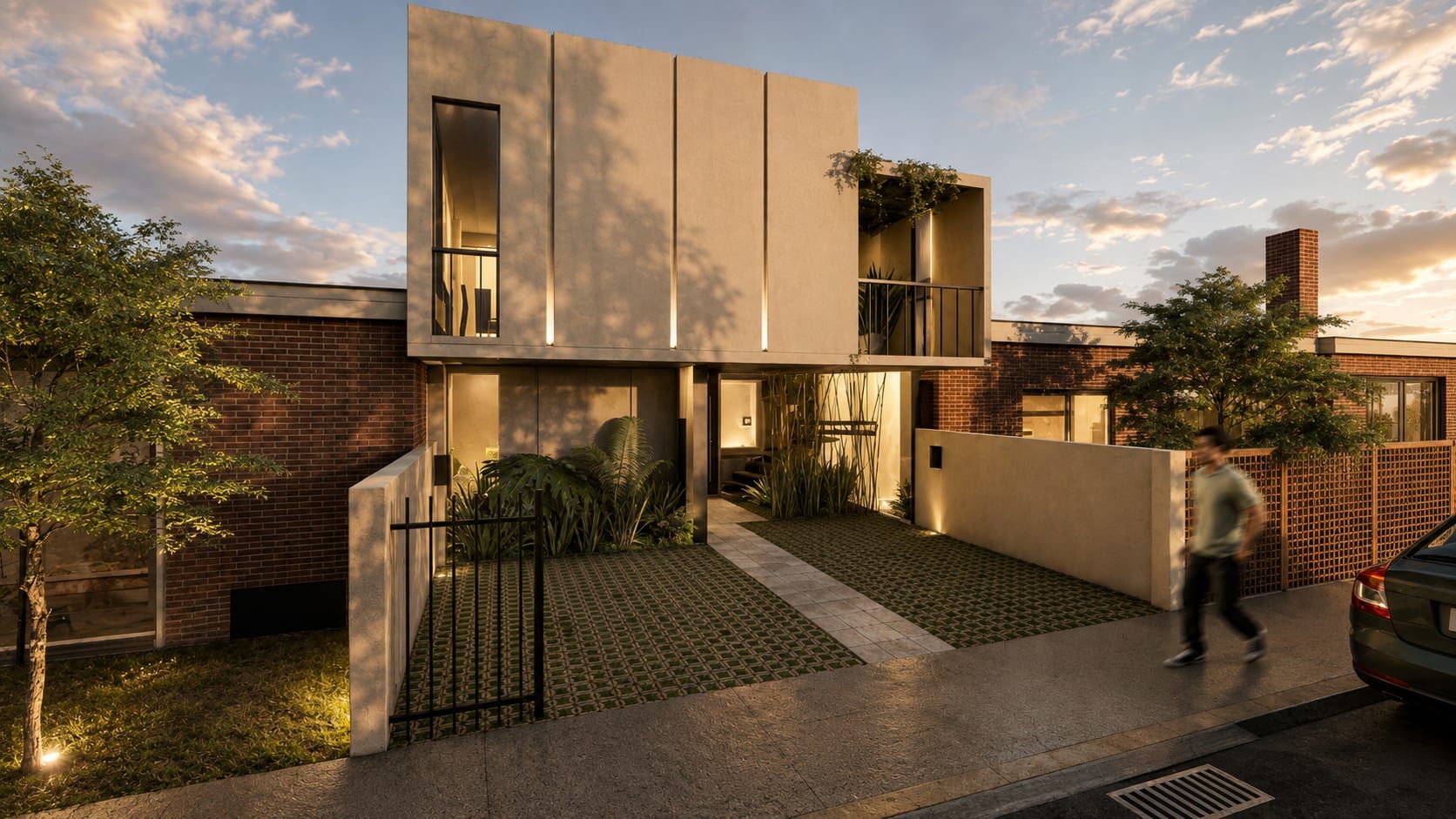 Fachada de la casa al atardecer, con muro claro, ladrillo y jardín