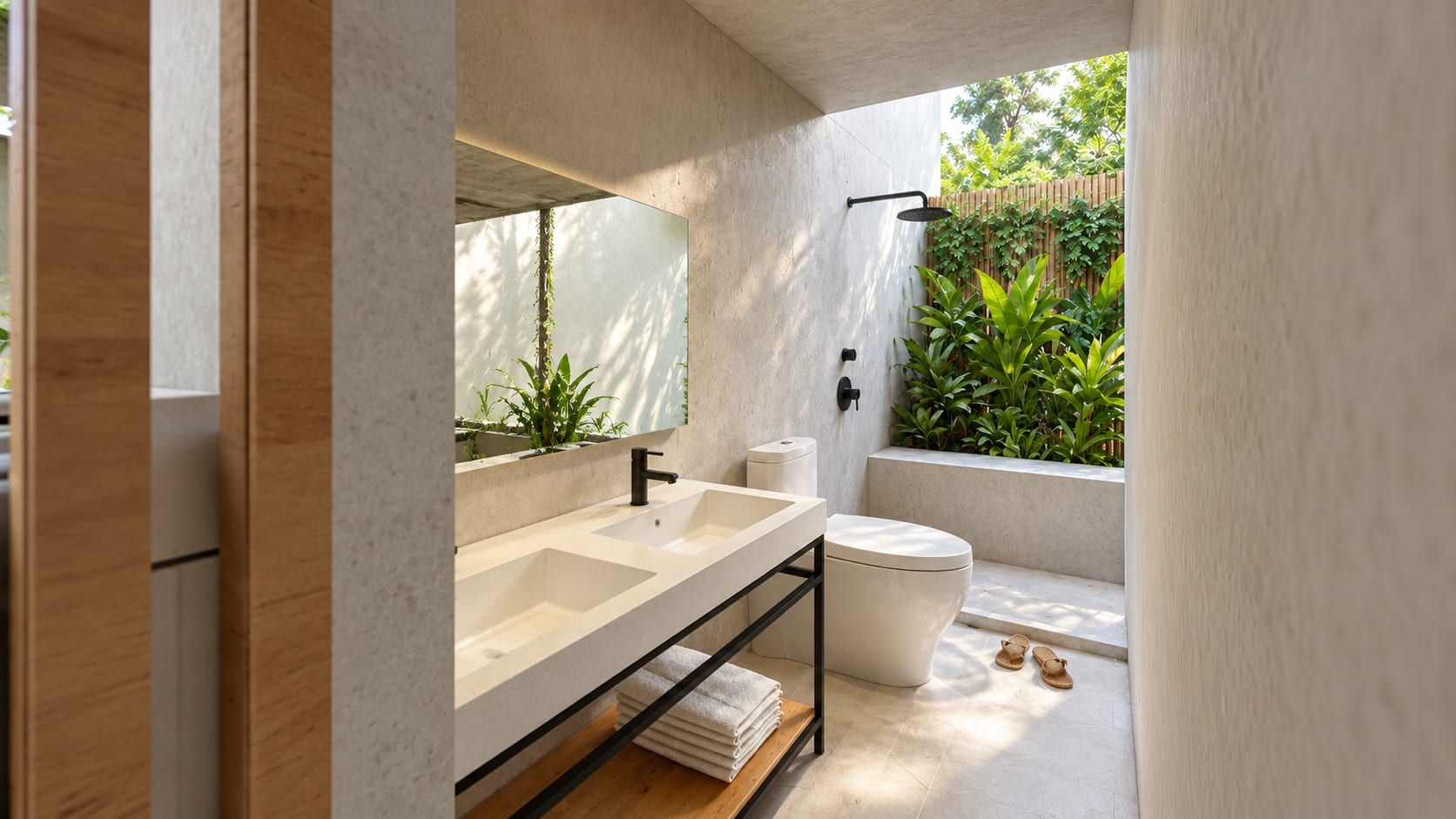 Baño con lavamanos corrido, puerta de madera y jardín interior