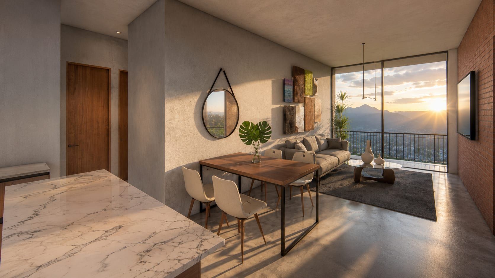 Sala y comedor de un apartamento con ventanal hacia la ciudad