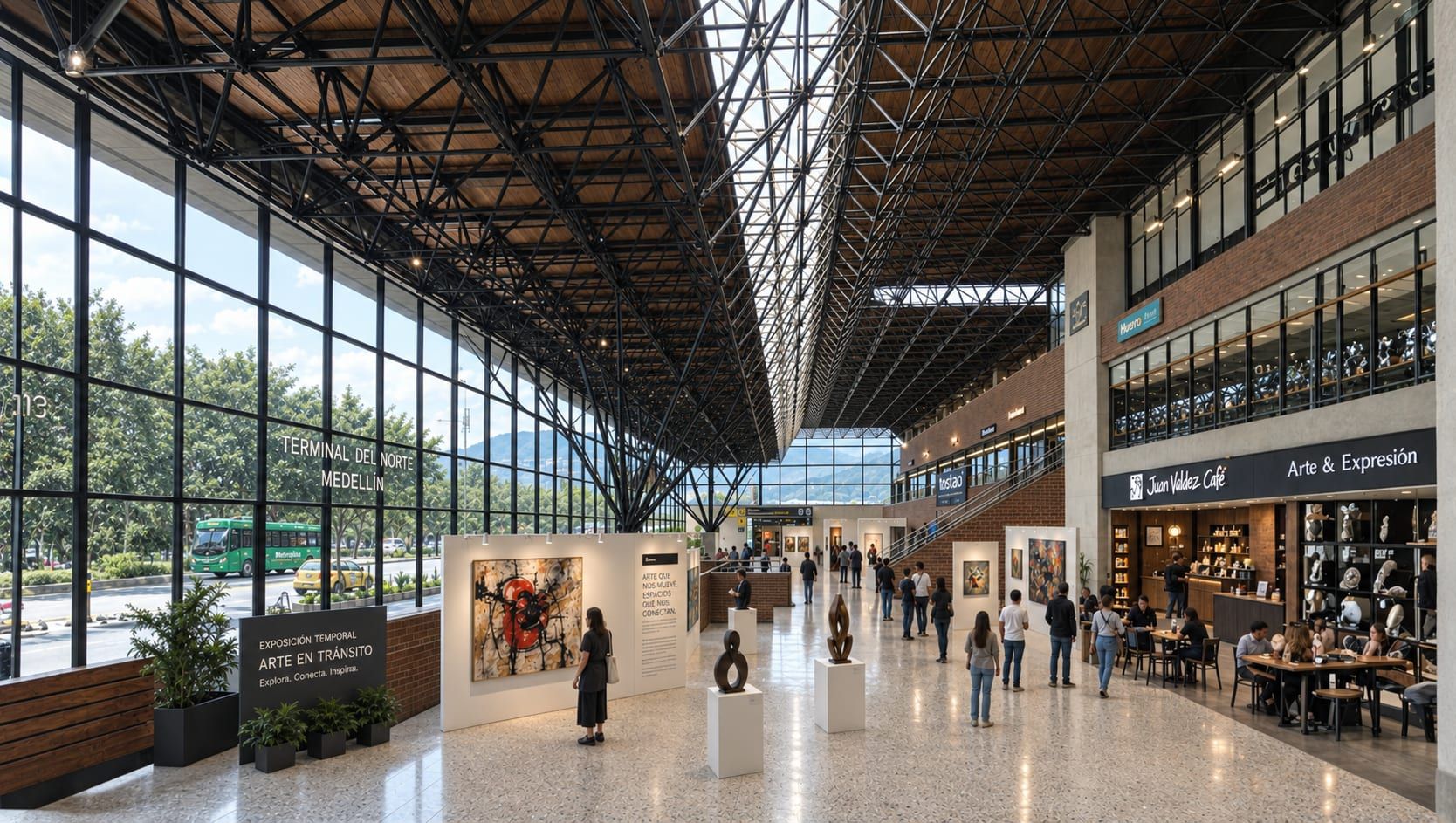 Vestíbulo con locales, galería y personas circulando