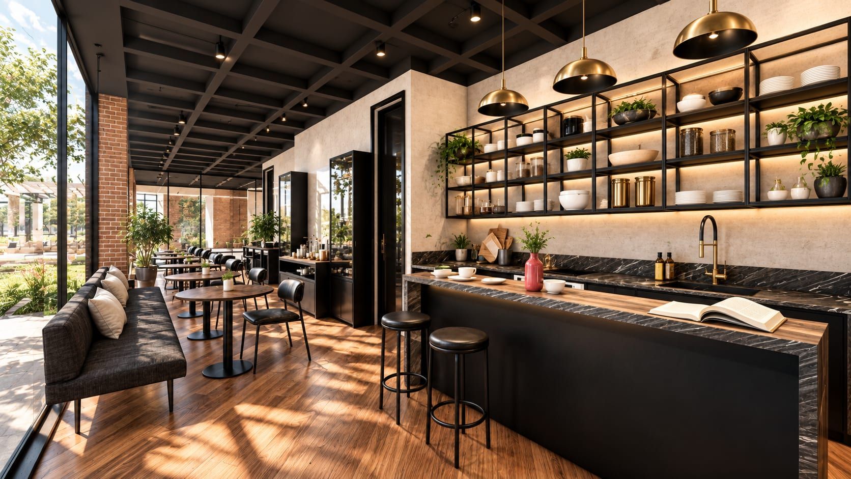 Interior de un café con barra, estantería y mesas junto al ventanal