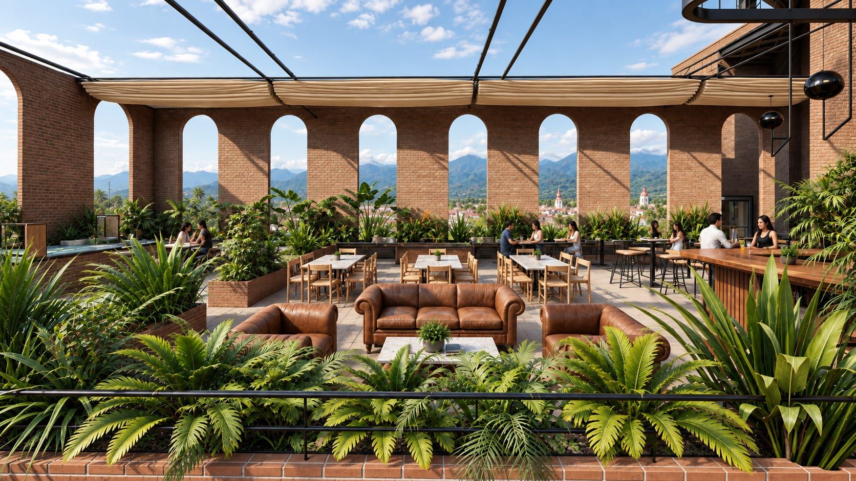 Vista amplia del rooftop con vegetación, mesas y arcos