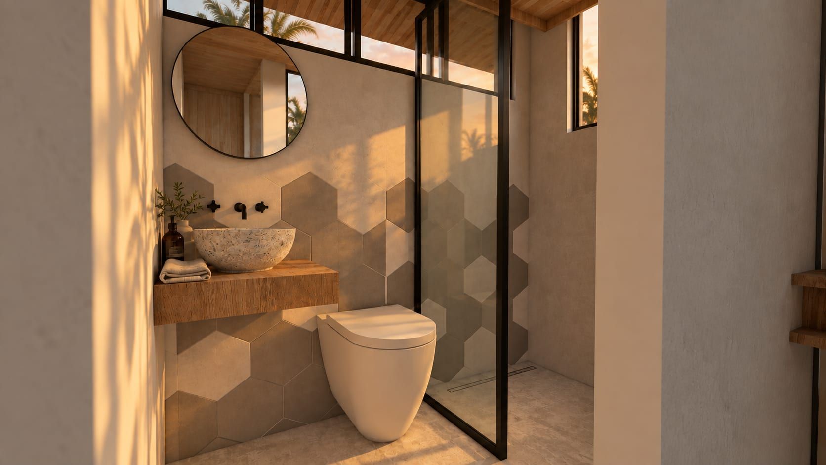 Baño con espejo redondo y revestimiento de baldosa hexagonal