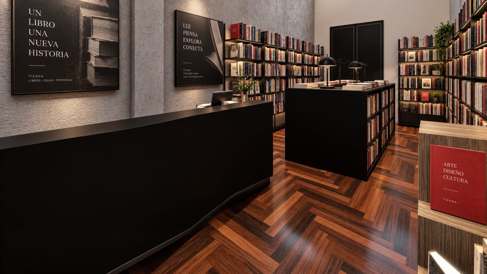 Interior de una librería con estantes y mostrador oscuro