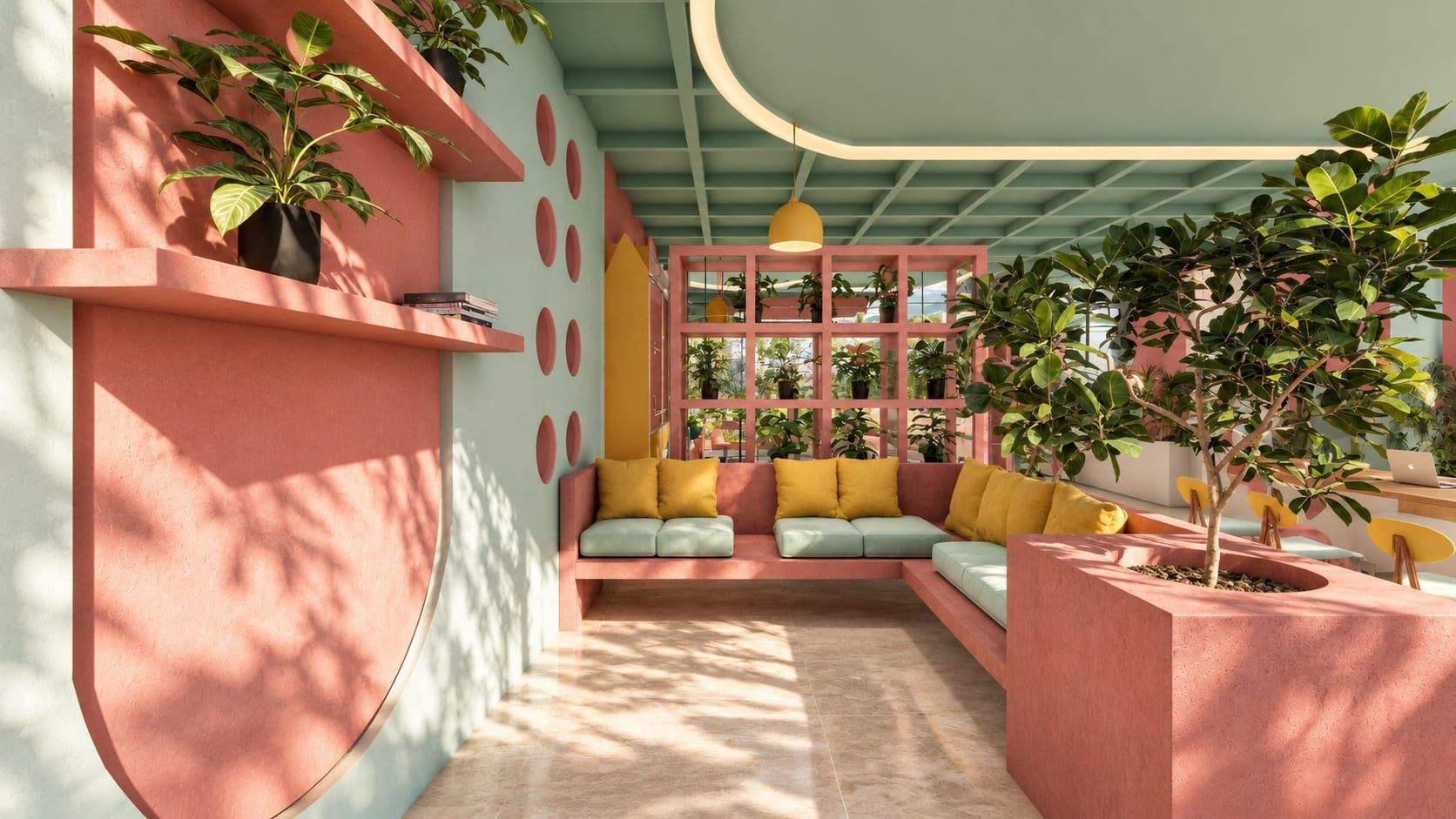 Rincón de descanso con plantas, banca amarilla y repisas rosadas