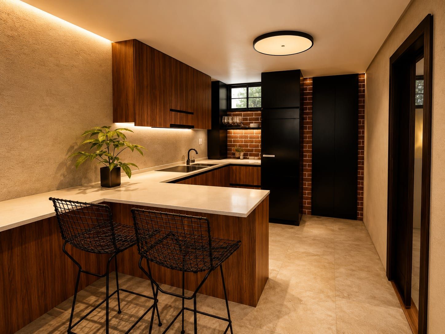Cocina con isla, taburetes y luz cálida