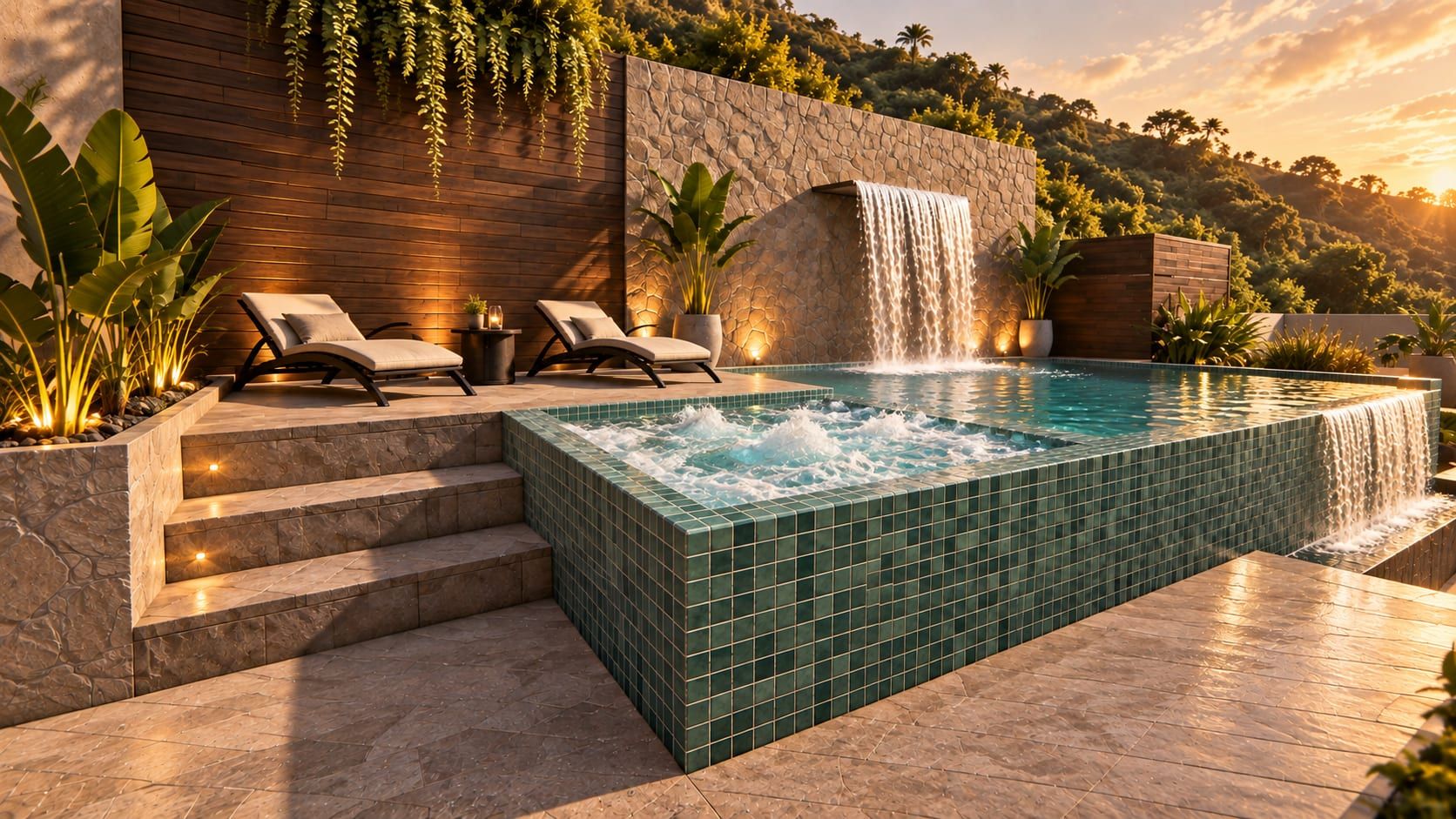 Piscina con revestimiento verde, cascada y camastros
