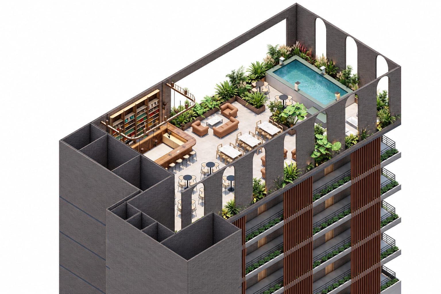 Axonometría del edificio con el rooftop en la cubierta