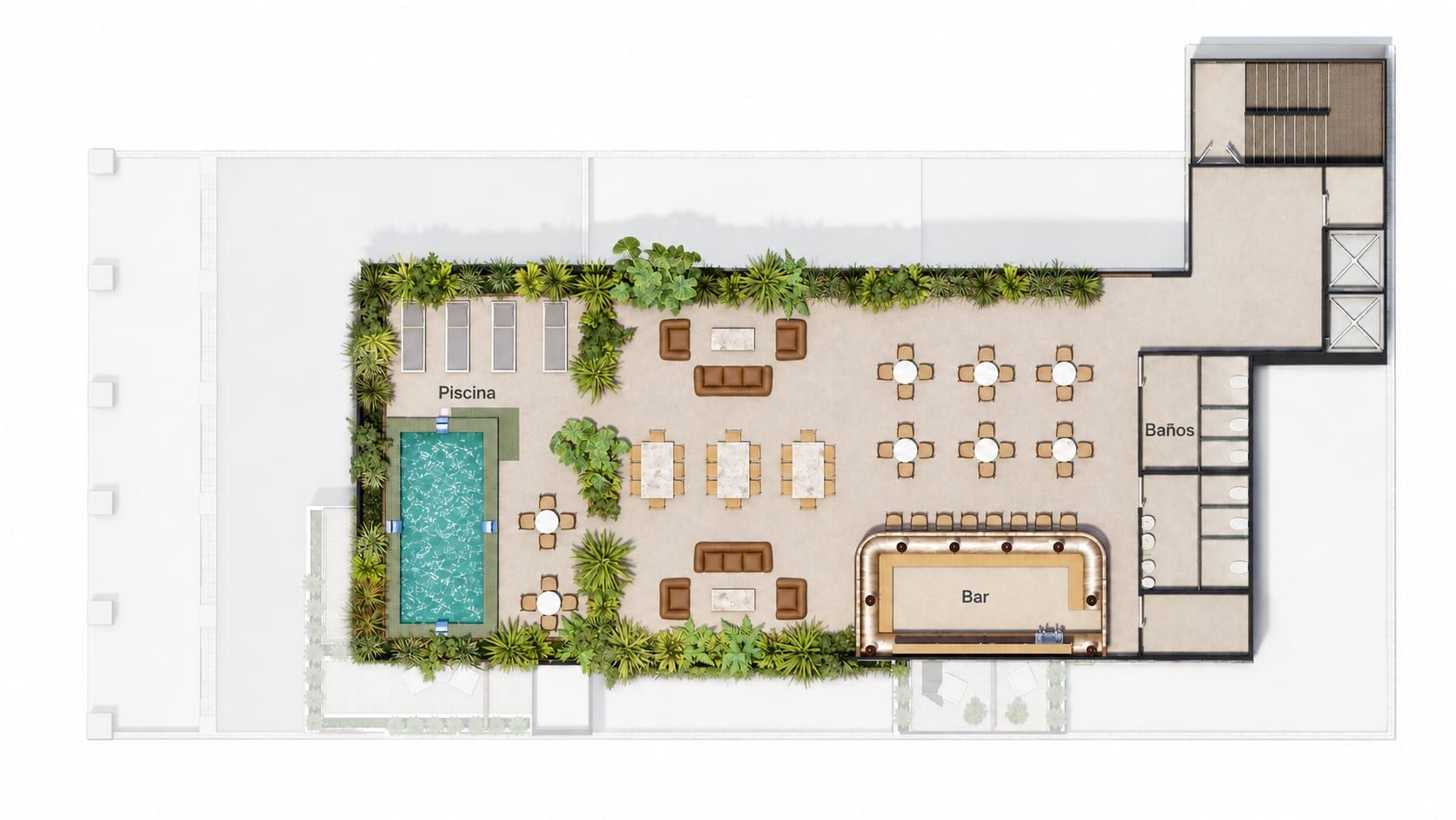 Planta del rooftop con piscina, mesas y barra