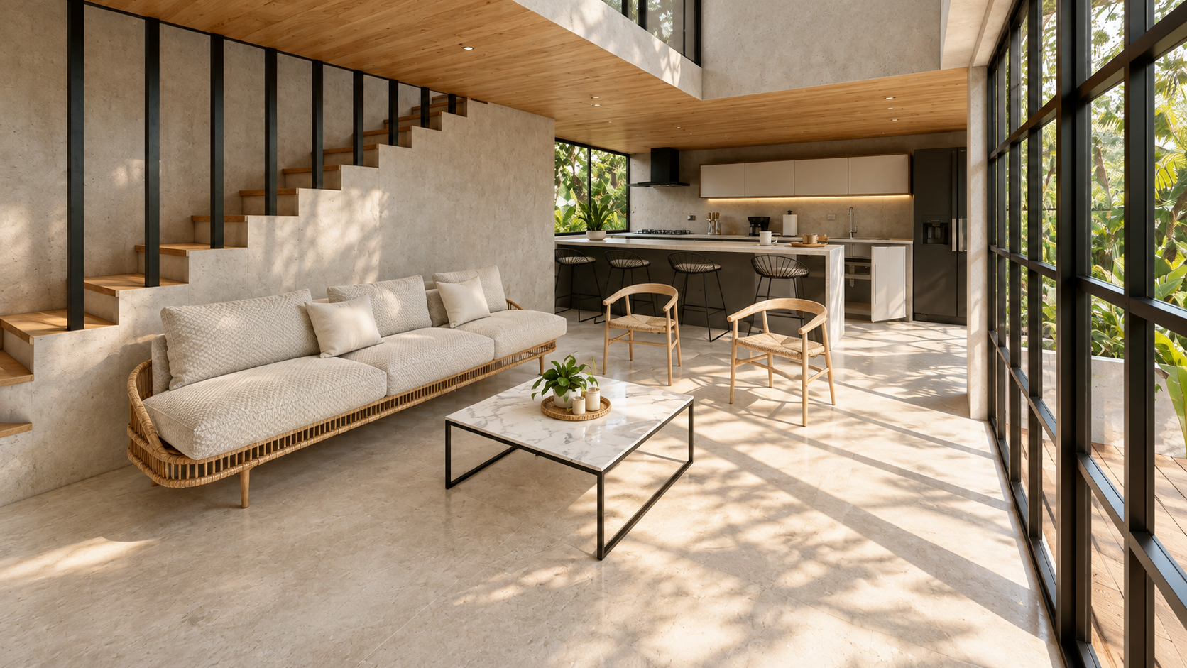 Sala y cocina abiertas con escalera, piso en piedra y ventanales